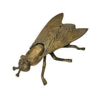 1960s vintage brass fly ashtray container 7" hinged wings 420